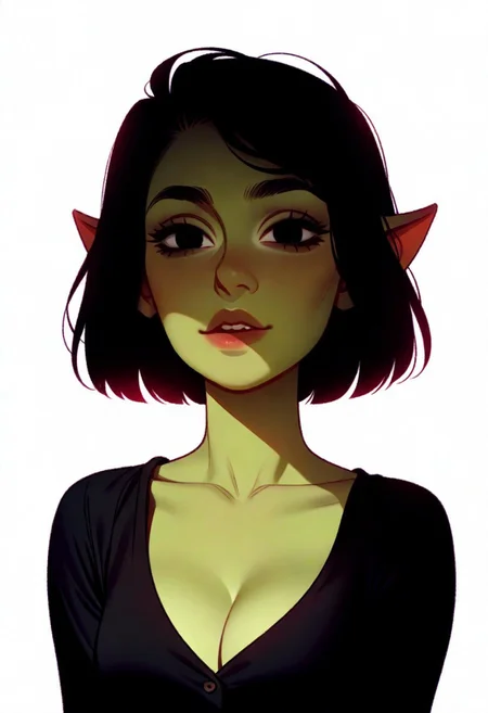 1girl, artist : tsuaii, (artist : incase:0.1), flat colors, portrait, looking at viewer,
dark hair, messy harcut, black eyes, detailed eyes, vicious look, thin lips, parted lips, medium breast, collarbone, cleavage, (goblin girl), light green skin, long nose, pointy nose, dirty clothes,
(((white background))), dark lighting, front lighting, masterpiece, best quality, very aesthetic,