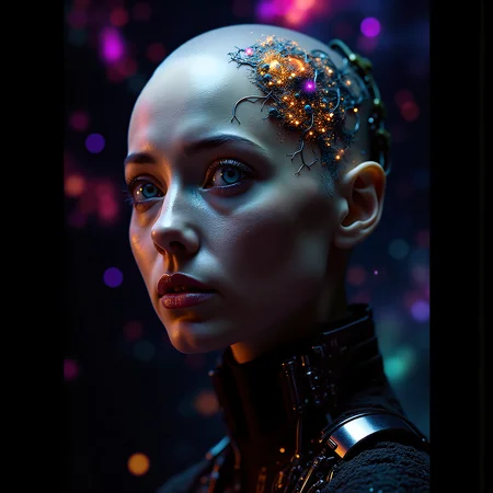 Create a futuristic, high-contrast image of a bald, bioengineered woman with a neural network implanted in her brain, gazing directly at the viewer with a confident and slightly surprised expression. Her skin is smooth and natural, but her eyes seem to hold a hint of macabre intensity. The background is a dark, nebula-like expanse, with tendrils of color swirling around her like a cyberpunk aurora. The overall effect should be one of dramatic, high-contrast realism, with a focus on fine texture and extreme detail. The image should feel like a still from a sci-fi movie, with a sense of futuristic unease and tension. <lora:flux/skin texture style v5.safetensors:1.0>, skin texture style, realism, detailed, <lora:flux/Realism 2.safetensors:0.8>, realism, realistic, <lora:art and styles/MysticFantasy.safetensors:0.8>,