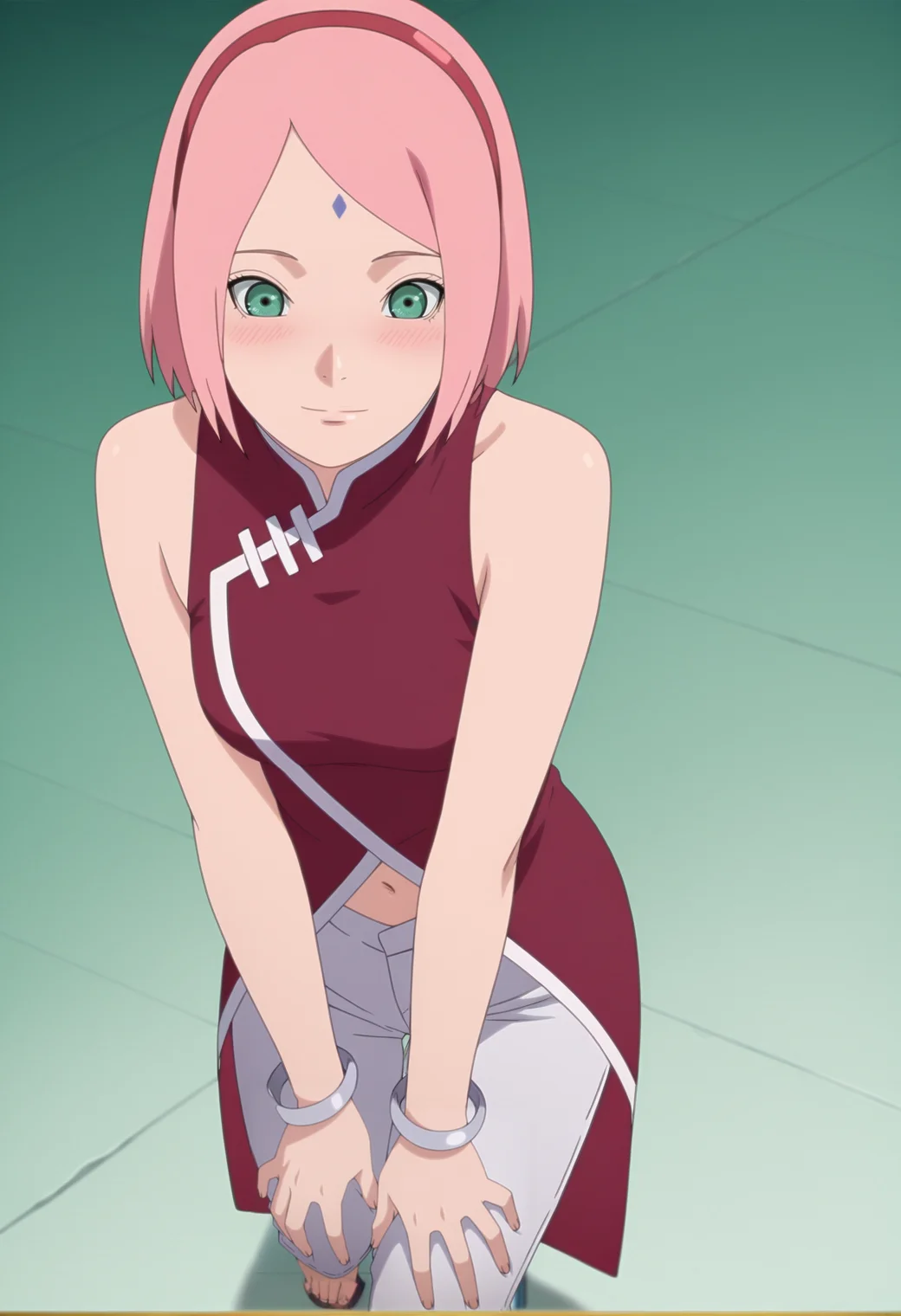 masterpiece, best quality, amazing quality, anime coloring, anime screencap, 1girl, solo, <lora:DX888Sakura:1>haruno sakura, pink hair, green eyes, forehead mark, bob cut, hairband, sleeveless dress, red dress, navel, bracelet, capri pants, sandals, light smile, blush,  BREAK dynamic pose, from above, gyaru v,, pastel background, green  background
