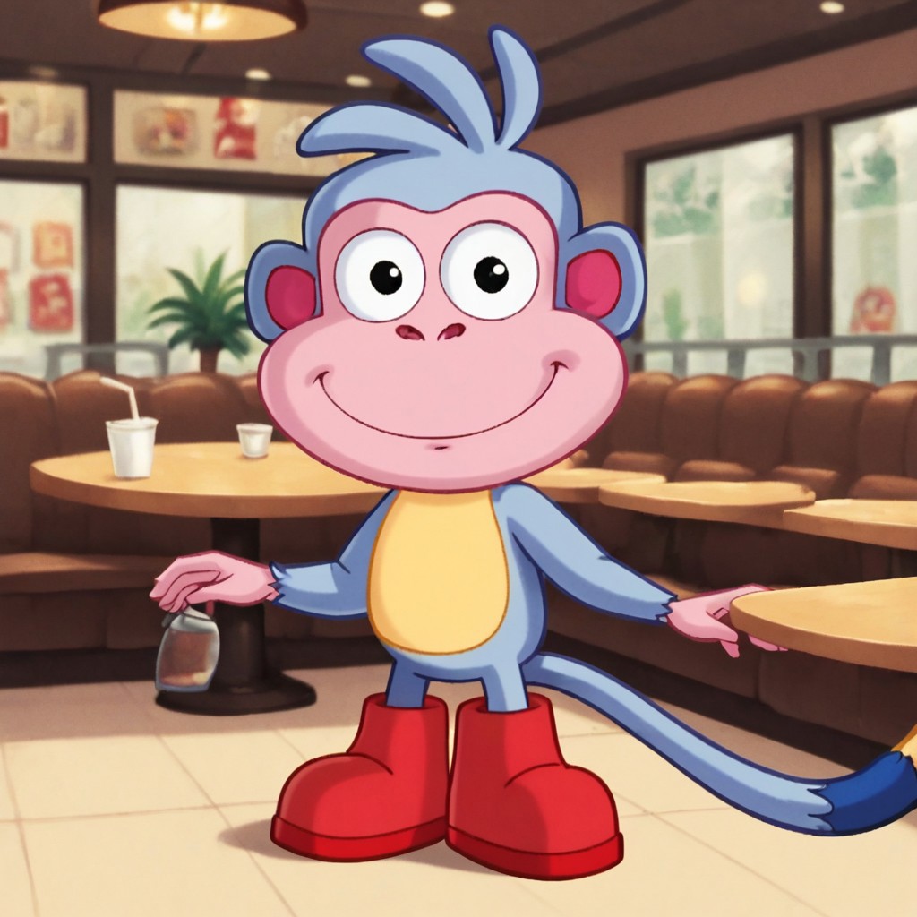 score_9, score_8_up, score_7_up, BREAK, solo, mnky_bts, furry, monkey, red boots, tail, smile, restaurant,