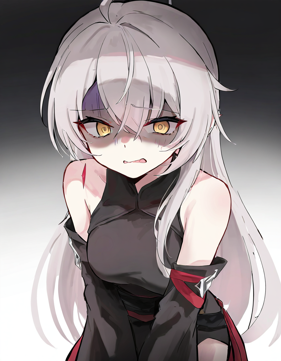 1girl,solo,looking at viewer,dongjun,detached sleeves,simple background,white background,cowboy shot,<lora:dongjun-000014:1>,gloom,disgust,shaded_face,, masterpiece, best quality, very aesthetic, absurdres,newest, incredibly absurdres,, toshizou \(0714\)