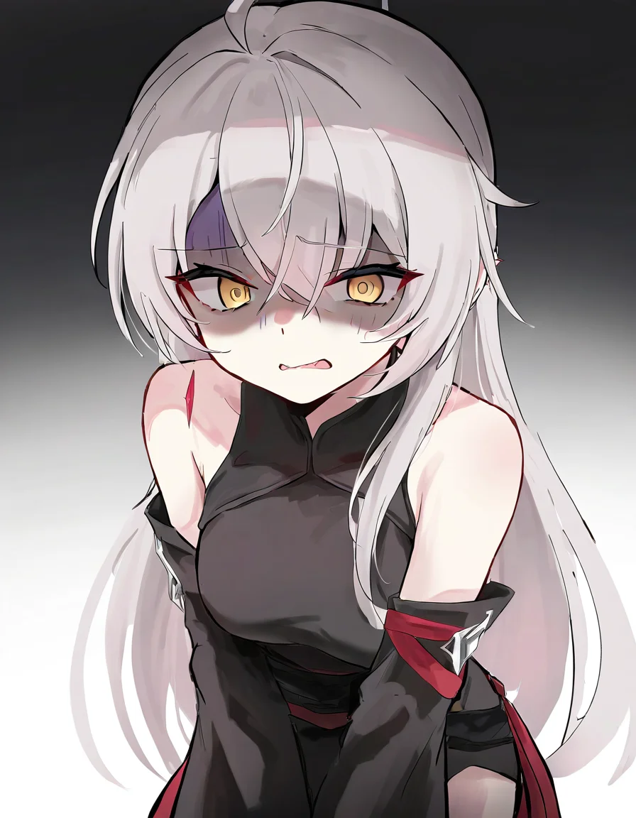 1girl,solo,looking at viewer,dongjun,detached sleeves,simple background,white background,cowboy shot,<lora:dongjun-000014:1>,gloom,disgust,shaded_face,, masterpiece, best quality, very aesthetic, absurdres,newest, incredibly absurdres,, toshizou \(0714\)