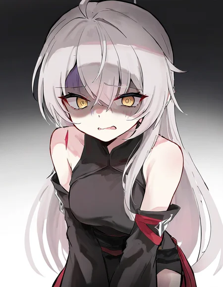 1girl,solo,looking at viewer,dongjun,detached sleeves,simple background,white background,cowboy shot,<lora:dongjun-000014:1>,gloom,disgust,shaded_face,, masterpiece, best quality, very aesthetic, absurdres,newest, incredibly absurdres,, toshizou \(0714\)