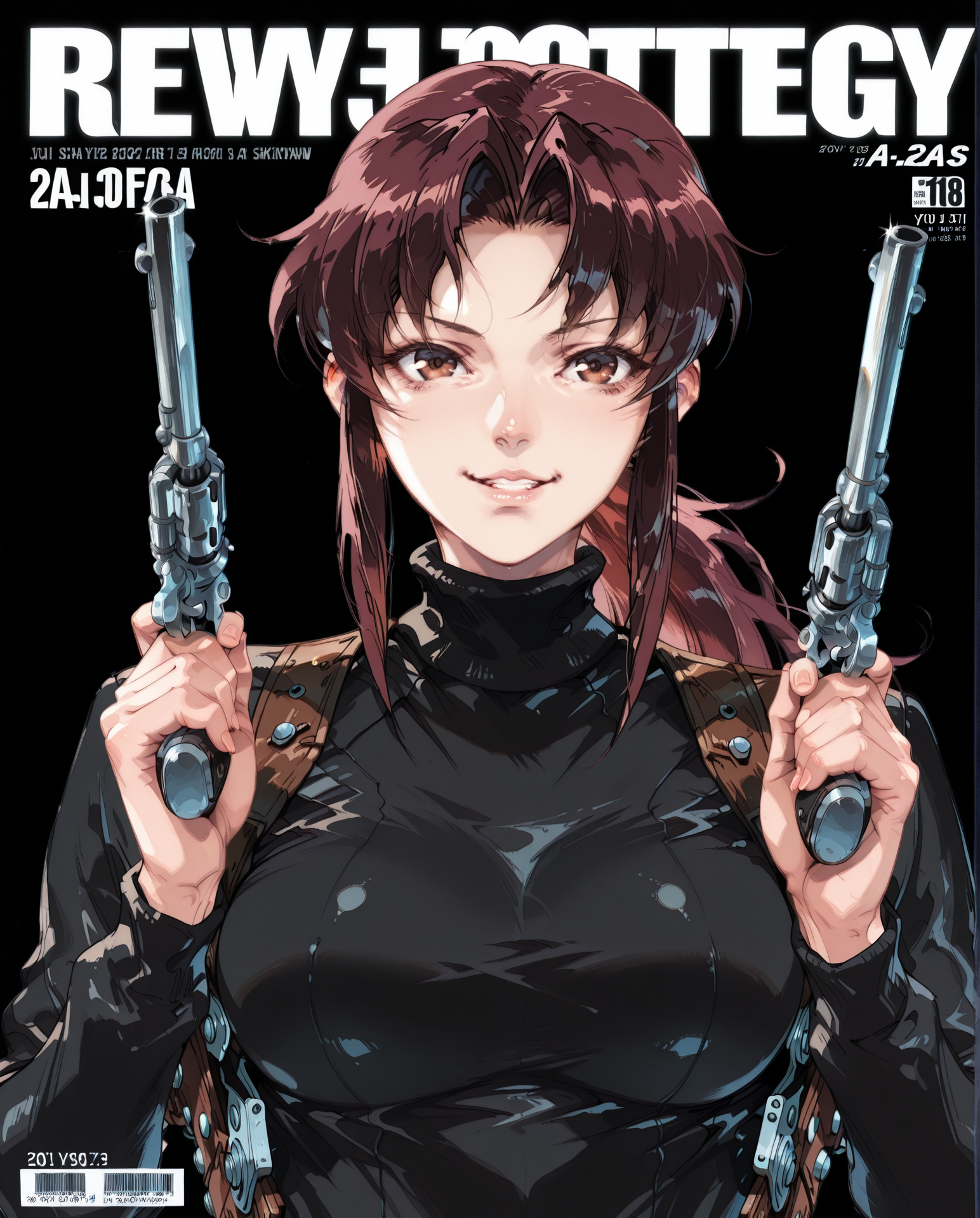 masterpiece,best quality,amazing quality, detailed face, detailed clothes, detailed body, yoji_shinkawa,  revy, 1girl, solo, brown hair, brown eyes, holster, ponytail, shoulder holster, long hair, upper body, breasts, black turtleneck, medium breasts, parted lips, sweater, black background, underlighting, es_a_a, revolver, holding revolver, dual wielding,  crossed wrists, straight-on, upper body, grin, magazine cover, fake magazine cover, english text, cover, fake cover, price, cover page, text focus, barcode, content rating, dated, <lora:Yoji_Shinkawa_style__Illustrious:0.8>  <lora:revy_illustrious_0007:1>  <lora:IL_Colt_Single_Action_Army_Revolver:0.8>  <lora:magazine-cover-illustriousxl-lora-nochekaiser:1>
