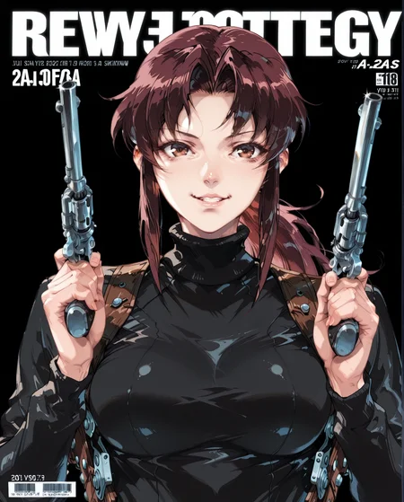 masterpiece,best quality,amazing quality, detailed face, detailed clothes, detailed body, yoji_shinkawa,  revy, 1girl, solo, brown hair, brown eyes, holster, ponytail, shoulder holster, long hair, upper body, breasts, black turtleneck, medium breasts, parted lips, sweater, black background, underlighting, es_a_a, revolver, holding revolver, dual wielding,  crossed wrists, straight-on, upper body, grin, magazine cover, fake magazine cover, english text, cover, fake cover, price, cover page, text focus, barcode, content rating, dated, <lora:Yoji_Shinkawa_style__Illustrious:0.8>  <lora:revy_illustrious_0007:1>  <lora:IL_Colt_Single_Action_Army_Revolver:0.8>  <lora:magazine-cover-illustriousxl-lora-nochekaiser:1>