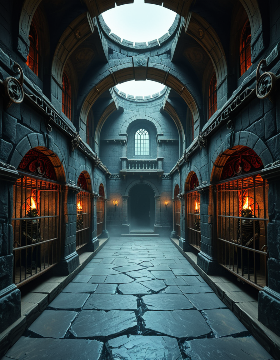 Deep within the necromancerâs fortress lies the Cell Block of the Damned, an endless crypt of imprisonment where no living beings resideâonly echoes of suffering and the restless remains of those long forgotten. The architecture is grotesque and unnatural, a fusion of blackened stone, rusted iron, and calcified bone, as if the walls themselves were formed from the fused remains of the dead. The air is cold, stale, and thick with an unnatural mist that coils like spectral fingers along the cracked floor.
Endless rows of iron-barred cells line the cavernous chamber, their interiors cloaked in unnatural darkness. Some cells contain skeletal figures, shackled in rusted chains, their hollow eye sockets glowing faintly with eerie green or crimson light. Others house shadowy wraiths, their indistinct forms flickering like dying embers, bound by ancient runes etched into the very fabric of the stone. A few cells appear completely empty, yet whispers emanate from withinâechoes of prisoners that no longer exist, but whose agony remains imprinted upon reality itself.
The walls pulse faintly, veins of necrotic energy coursing through their surface, feeding upon the despair and suffering trapped within. Chains dangle from the ceiling, some still swinging slightly as if disturbed by unseen forces. Along the floor, pools of black ichor seep from cracks in the stone, shifting unnaturally as if alive, swallowing anything that lingers too long.
At the heart of the chamber stands a monolithic iron cage, its bars twisted and gnarled, as though shaped by something with no regard for natural law. Inside, a shifting mass of bone, spectral energy, and dark mist writhes in eternal torment, its presence a gravitational wound in reality itself. The cage hums with an ominous resonance, its locks sealed with infernal sigils that glow with unholy fire, ensuring that whatever lurks within remains containedâfor now.
Above, an ancient stone archway looms, inscribed with ever-changing runes that bleed a slow, black liquid. Beyond it, the corridor stretches endlessly, shrouded in a choking fog where shapes move in the distance, watching, waiting. No footsteps ever echo in this place. No voices call out. Only the whispers of the forgotten, the endless creaking of rusted metal, and the sensation that somethingâsomething old, something hungryâis always watching.
This is not a prison.
It is a tomb for souls, a place where the dead are left to fester, to wither, and to become something else.
Style & Mood :
- Dark fantasy, gothic horror, necromantic aesthetics
- Cinematic, highly detailed, eerie lighting
- Infernal atmosphere, filled with shadows, glowing runes, and spectral entities
- Inspired by the works of ZdzisÅaw BeksiÅski, H.R. Giger, and dark medieval occultism
 <lora:SDXLFaeTastic2400:0.4> <lora:extremely_detailed:0.4> extremely detailed,<lora:necromancer_c3ll_bl0ck:1>,necromancer c3ll bl0ck, Masterpiece,best quality,hi res,8k,hi res,8k,award winning,(sharp focus, intricate, highly detailed),
