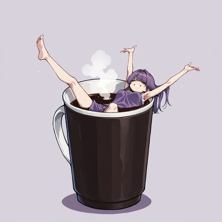 masterpiece, best quality, amazing quality, very aesthetic, absurdres, newest, MinekuraStyle
BREAK,
1girl, solo, detailed face, short purple hair, straight bangs, floating hair, tired, relaxed, bags under eyes, frilly purple swimsuit, purple swim shorts, medium breasts, (huge coffee cup:1.2), miniature woman, (taking bath:0.6), relaxed, closed eyes, smiling, content, hot, steam, floating on back, lying on back, spread eagle,
BREAK, calm atmosphere, simple background, detailed background, deep contrast, limited color palette, high contrast black, dramatic composition,