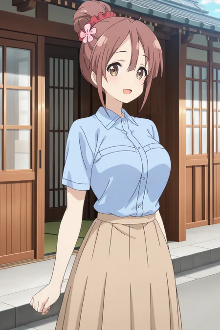 anime screenshot, 1girl, solo, shinomiya shiori, brown hair, single hair bun, red scrunchie, hair scrunchie, hair flower, brown eyes, large breasts, blue shirt, collared shirt, short sleeves, brown skirt, pleated skirt, long skirt, looking at viewer, smile, open mouth, cowboy shot, outdoors, masterpiece, best quality, high quality, highres, absurdres, <lora:shinomiya_shiori_ILXL:0.9>