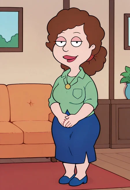score_9, score_8_up, score_7_up, score_6_up, high quality, rounded eyes, style parody, cartoon style, 1girl, solo, living room, couch, indoors,
BREAK
unnamed girl, brown hair, black eyes, (mature female:1.5), (plump:1.2), large breasts, gigantic ass, gigantic hips, green sweater, rolled up sleeves, blue skirt, navy blue shoes, own hand together, smile, looking at viewer, long skirt, half-closed eyes, necklace,