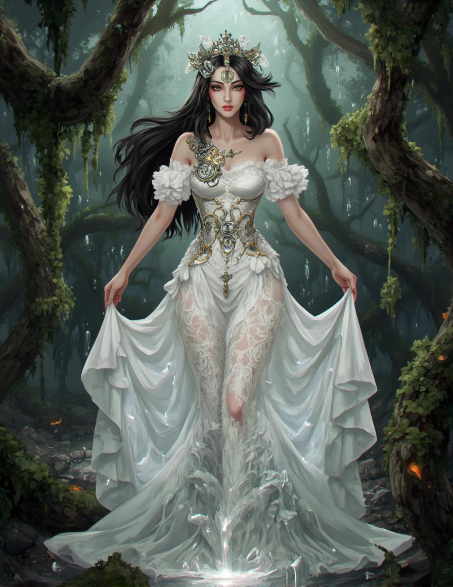<lora:ck-LttleGhost-000011.safetensors:1> in the style of ck-lttlegh0stA regal woman wears an ethereal off-the-shoulder white gown with intricate mechanical patterns woven into its lace details. Her features are augmented with swirling silver and gold filigree, her tiara transformed into pulsing machinery. The backdrop transforms into a tangle of metallic vines, and the air is filled with ozone and burning coal as her glowing, fiber-optic skirt flows behind her like a river of liquid silver.