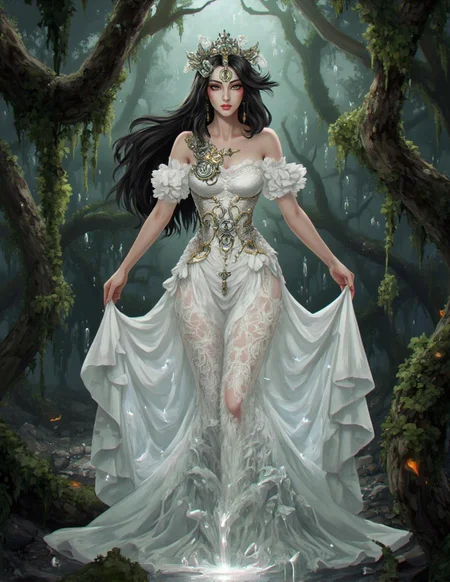 <lora:ck-LttleGhost-000011.safetensors:1> in the style of ck-lttlegh0stA regal woman wears an ethereal off-the-shoulder white gown with intricate mechanical patterns woven into its lace details. Her features are augmented with swirling silver and gold filigree, her tiara transformed into pulsing machinery. The backdrop transforms into a tangle of metallic vines, and the air is filled with ozone and burning coal as her glowing, fiber-optic skirt flows behind her like a river of liquid silver.