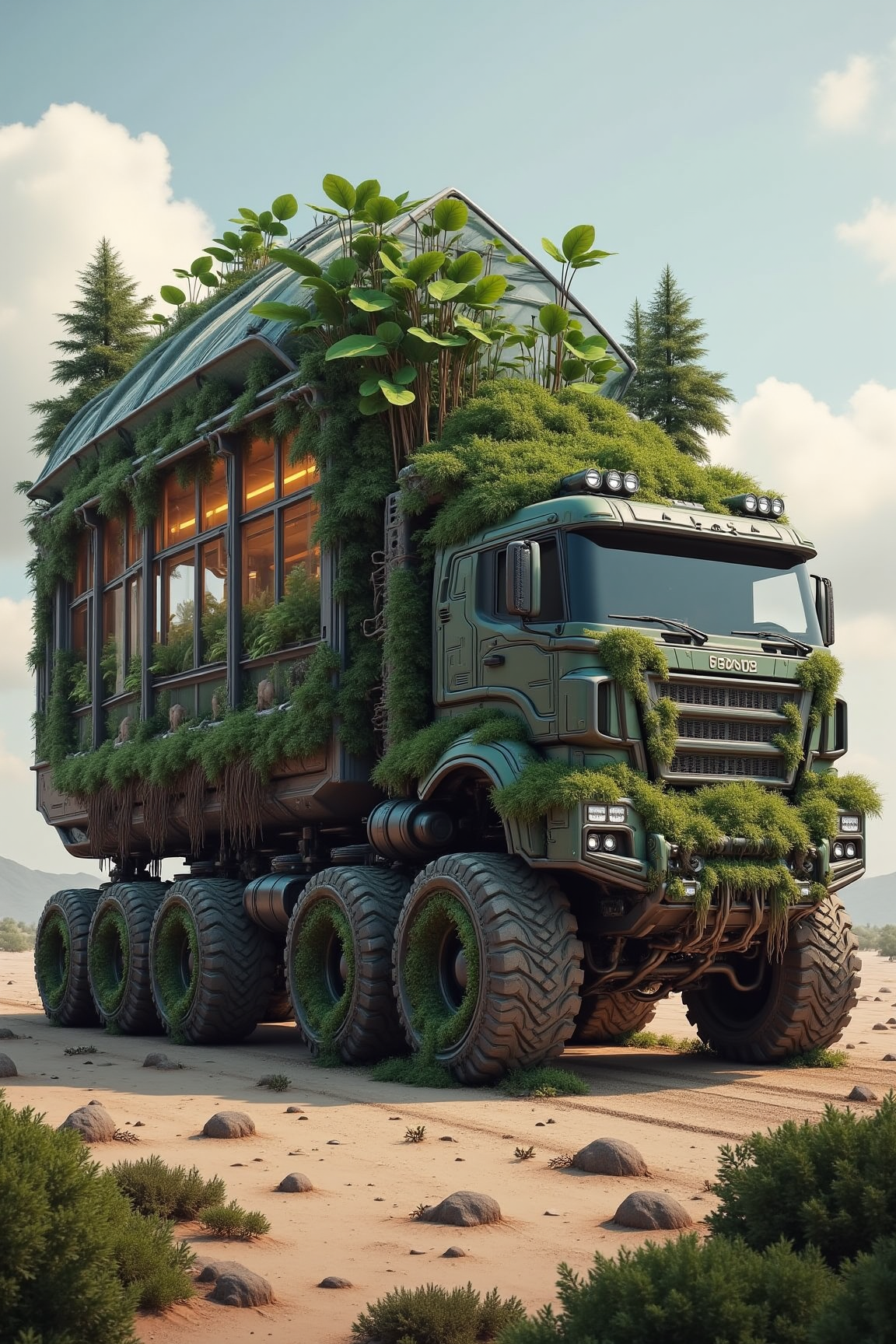 YFG-R1gs, A symbiotic, plant-powered truck, its chassis integrated with a living forest, transports a mobile greenhouse across a barren wasteland. The truck's roots extract nutrients from the soil, while its leaves capture sunlight for photosynthesis. Its cargo bay is filled with genetically modified plants, capable of thriving in harsh conditions. The surrounding wasteland is slowly being transformed into a lush ecosystem.