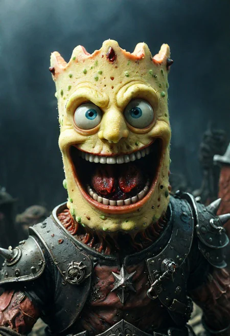 A photo of a (menacing demon ( Sponge Bob:1.3) lord:1.3), (curved horns:1.2), piercing luminous red eyes, (grinning skull-like face:1.0), muscular build, (pointing directly at viewer:1.2), surrounded by an army of (ghouls and Dragon mens figures:1.1), flickering candlelight, exterior battle camp setting, (ominous soldier with rifle:1.1), atmospheric dread, gothic horror theme, Sony A7R IV, 1/60s, f/2.8, ISO 1000, cinematic composition, HDR imaging, detailed textures, macabre mood, RAW photography, professional grade,photography in the style of Labirynth movie, close up of (awful) and (sweet) creature with sword stained with (blood), in a gigant ancient and ruined labirynth ,fantasy,hyper detailed, real skin imperfections, hard lighting, bokeh, ((curi:1.2))armor Dragonian