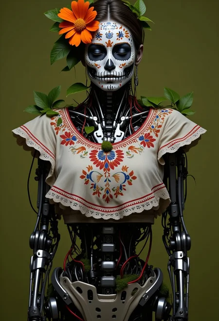 ajweathbo. The image is a highly detailed, CGI-rendered artwork featuring a humanoid robot dressed in a vibrant, culturally inspired outfit. The robot, with a sleek, metallic body covered in intricate wiring and circuitry, has a feminine form. Its head is adorned with traditional Day of the Dead (Día de los Muertos) makeup, featuring white skull patterns, colorful flowers, and intricate designs in shades of blue, orange, and yellow. 
The robot's face is painted with a serene expression, with closed eyes and a neutral mouth. It wears a white, lace-like fabric adorned with red, blue, and yellow floral patterns, reminiscent of traditional Mexican embroidery. This fabric is draped over its upper body, covering its chest area. The outfit's neckline features a decorative, red, white, and blue border.
A vibrant orange flower is placed on the robot's head, contrasting with the white skull paint, and green leaves and moss are integrated into the design, growing out of its shoulder and head areas, adding a surreal, organic touch. The robot's arms and legs are articulated, with visible mechanical joints and wires. The background is a muted olive-green, providing a neutral backdrop that doesn't distract from the intricate details of the robot.