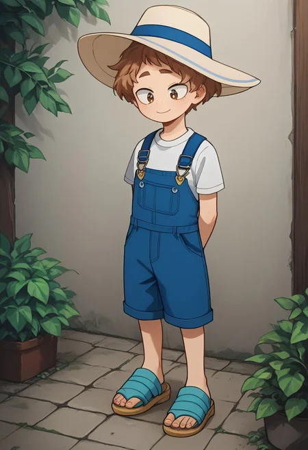score_9, score_8_up, score_7_up, source_anime, highly detailed, cute boy, 1boy, solo, young, katsuma, sun hat, curly hair, light brown hair, brown eyes, white t-shirt, knee length overalls, hands behind back, shy smile, sandals, looking at viewer, avoiding eye contact, looking down