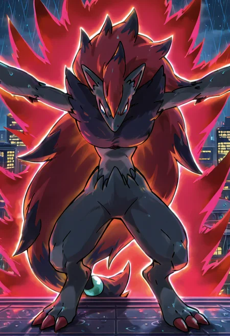 masterpiece, best quality, no humans, <lora:ZoroarkPokedex_IXL_v1:1.0>, zzZoroark, city rooftop at night, arms spread, rain falling, neon reflections, dramatic backlight â On a rain-slick rooftop bathed in neon glow, zzZoroark spreads its arms wide, catching the downpour on its open palms. Thunder rolls across the skyline, and streaks of electric blue and crimson ripple through puddles at its feet as the city pulses below. super saiyan, red aura, <lora:DBSBroly_Style_IXL_v2:0.7>