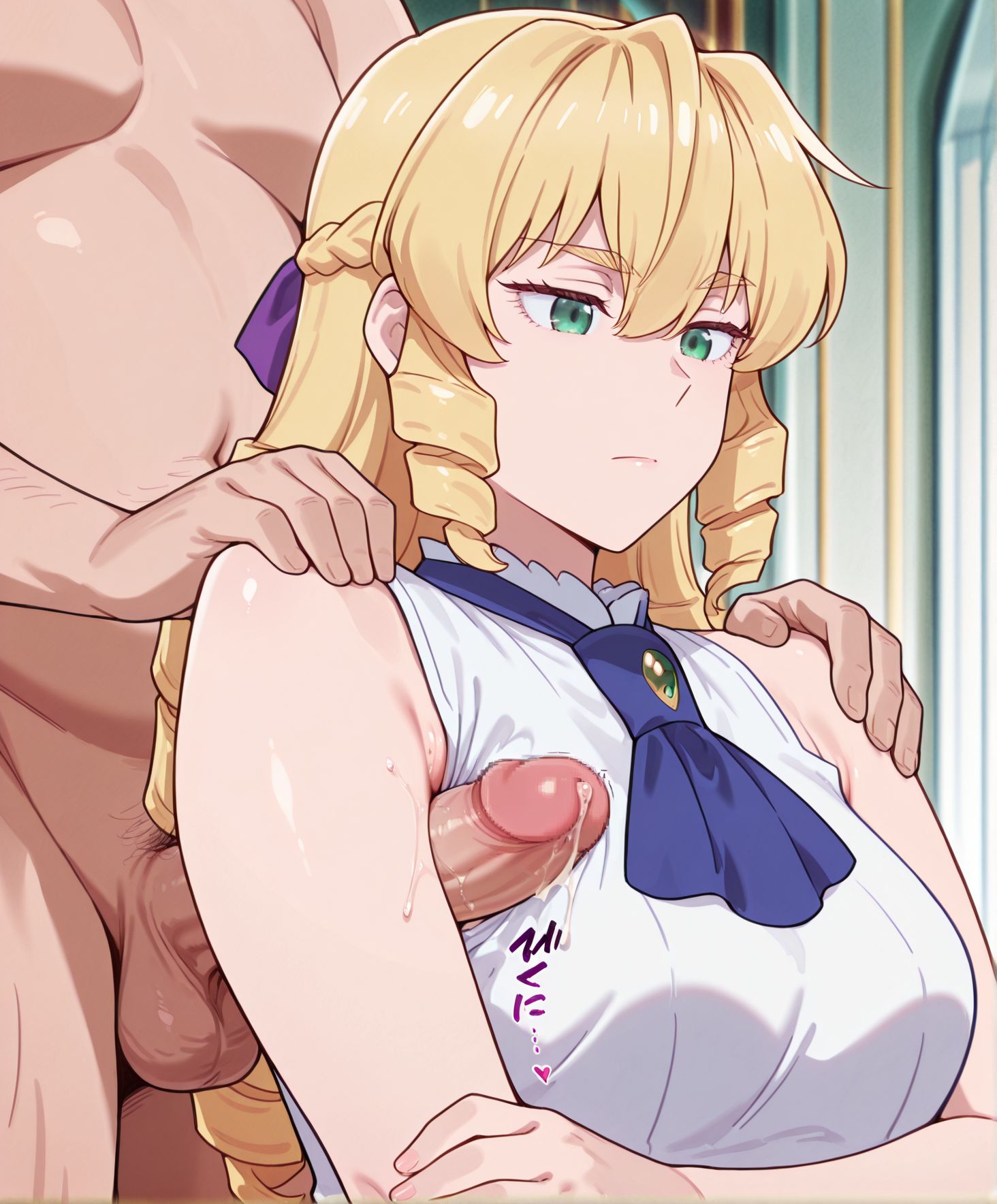 masterpiece, best quality, newest, absurdres, highres, detailed eyes, beautiful, detailed background, perfect eyes, anime coloring, anime screencap,
<lora:Armpit_sex:1>Armpit_sexV1, 
1girl, 1boy, upper body, nude, uncensored, 
armpit sex, (penis between arm,  arm down:1.4), 
penis,  erection, testicles,  arms down,precum, sound effects, 
1man standing behind female,motion lines, motion blur, 
grabbing from behind, looking to the side, hand on shoulders, 
BREAK
 1girl, looking at viewer, gradient background,   grace auvergne (akuyaku reijou tensei ojisan), long hair, blonde hair, drill hair, braid, hair ribbon, hair between eyes, green eyes, school uniform, white shirt blue ascot, jewelry, <lora:grace_auvergne-akuyaku_reijou_tensei_ojisan_s1_v2-ixl-anime-soralz:1>
 sleeveless, 
BREAK
 faceless male, fatman ,uglyman ,oldman, age difference,