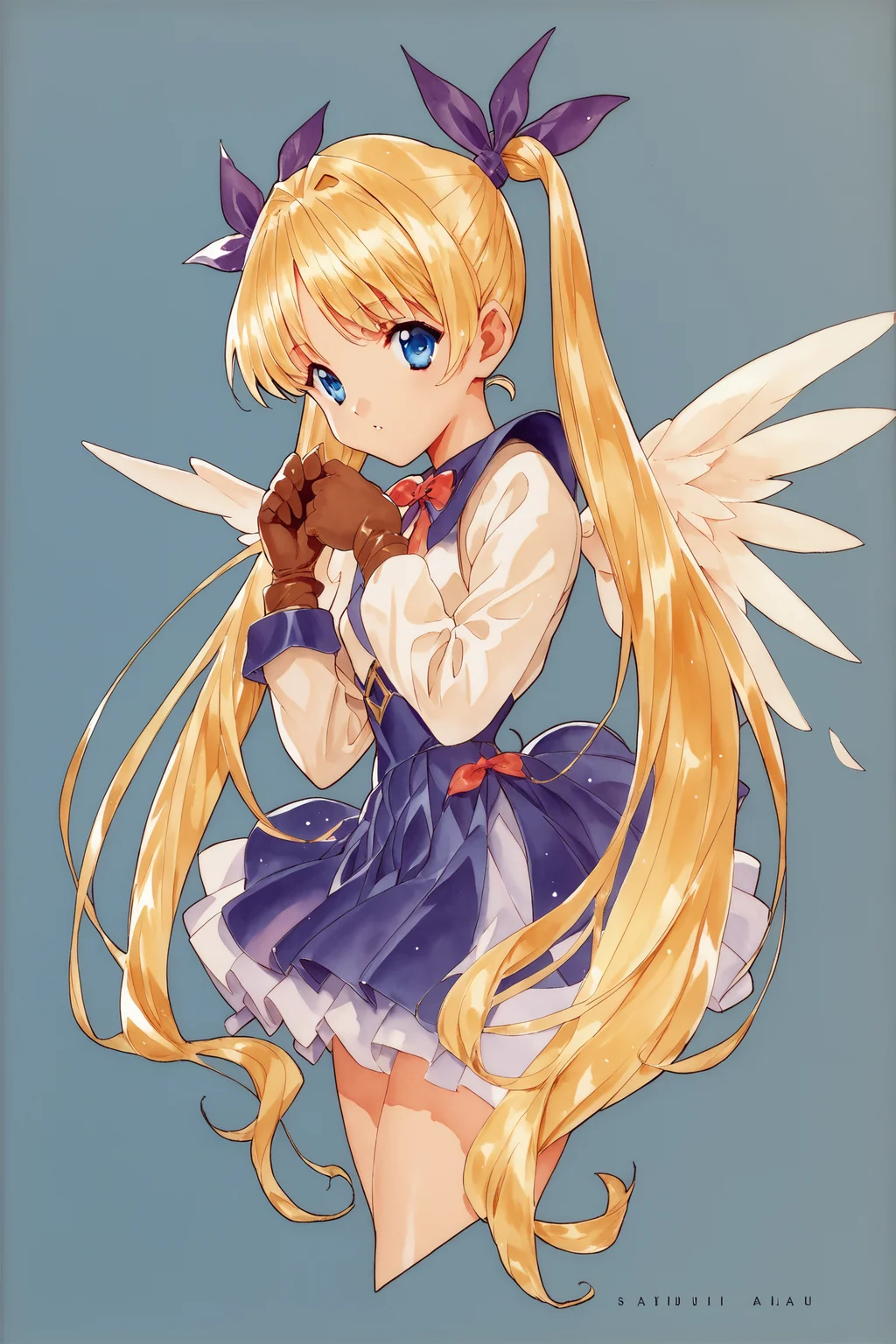 score_9,score_8_up,score_7_up,masterpiece,best quality,
Aoi Nanase Style,
1girl,solo,twintails,blonde hair,blue eyes,long hair,ribbon,wings,gloves,hair ribbon,skirt,long sleeves,blue background,traditional media,looking at viewer,
<lora:mix_XL_PONY:0.9>,