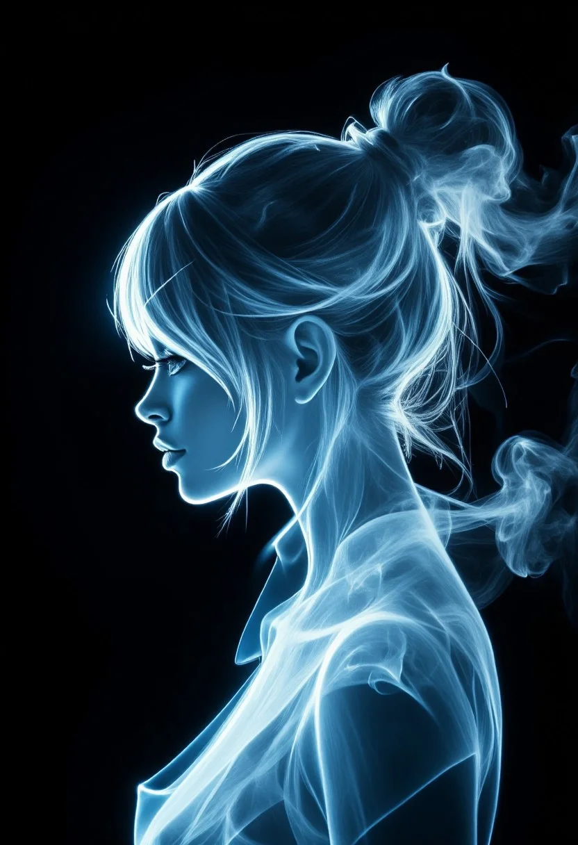Silhouette Art, magnificent. ethereal female air elemental, long hair, bangs, made_of_smoke, blue smoke, translucent, ethereal, coalescing from wisps of blue smoke, closeup portrait, black background
