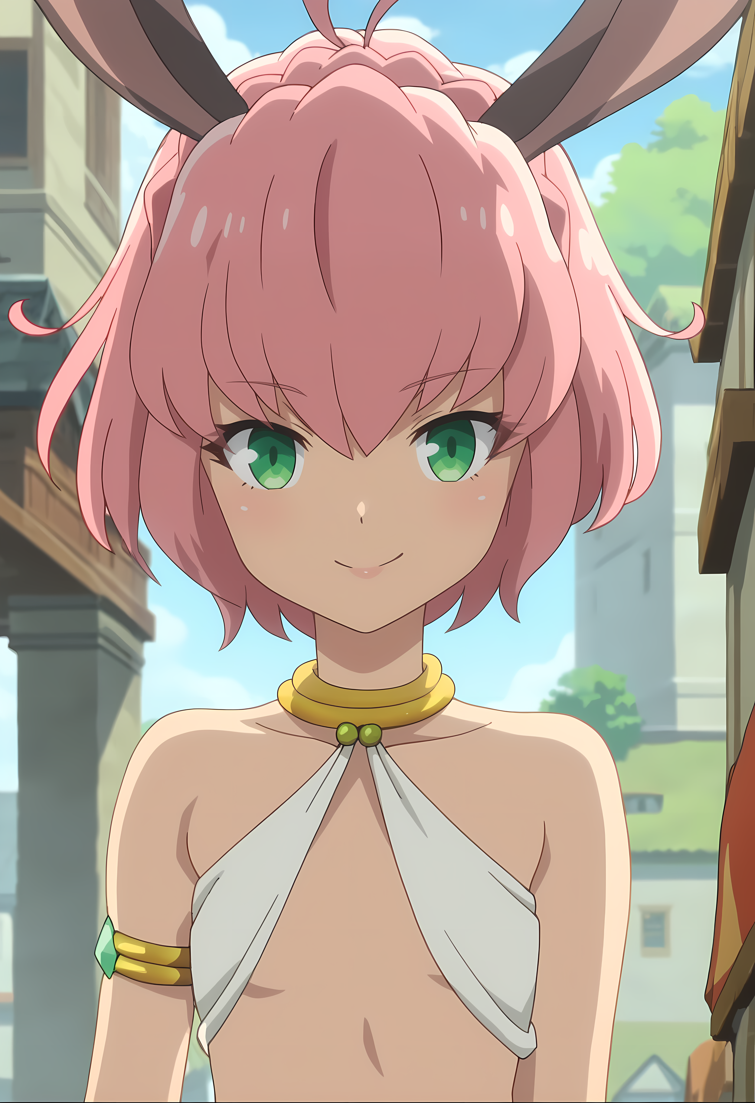 score_9, score_8_up, score_7_up, source_anime, 2d, Sylvie, 1girl, pink hair, short hair, green eyes, rabbit ears, white robe, very small breasts, golden jewelry, green ornament, anime coloring, anime screencap, detailed eyes, zPDXL, perfect faces, uncensored, rating_explicit   <lora:sylvie_0-000004:1>, solo,