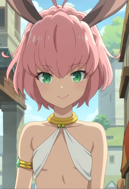 score_9, score_8_up, score_7_up, source_anime, 2d, Sylvie, 1girl, pink hair, short hair, green eyes, rabbit ears, white robe, very small breasts, golden jewelry, green ornament, anime coloring, anime screencap, detailed eyes, zPDXL, perfect faces, uncensored, rating_explicit <lora:sylvie_0-000004:1>, solo,