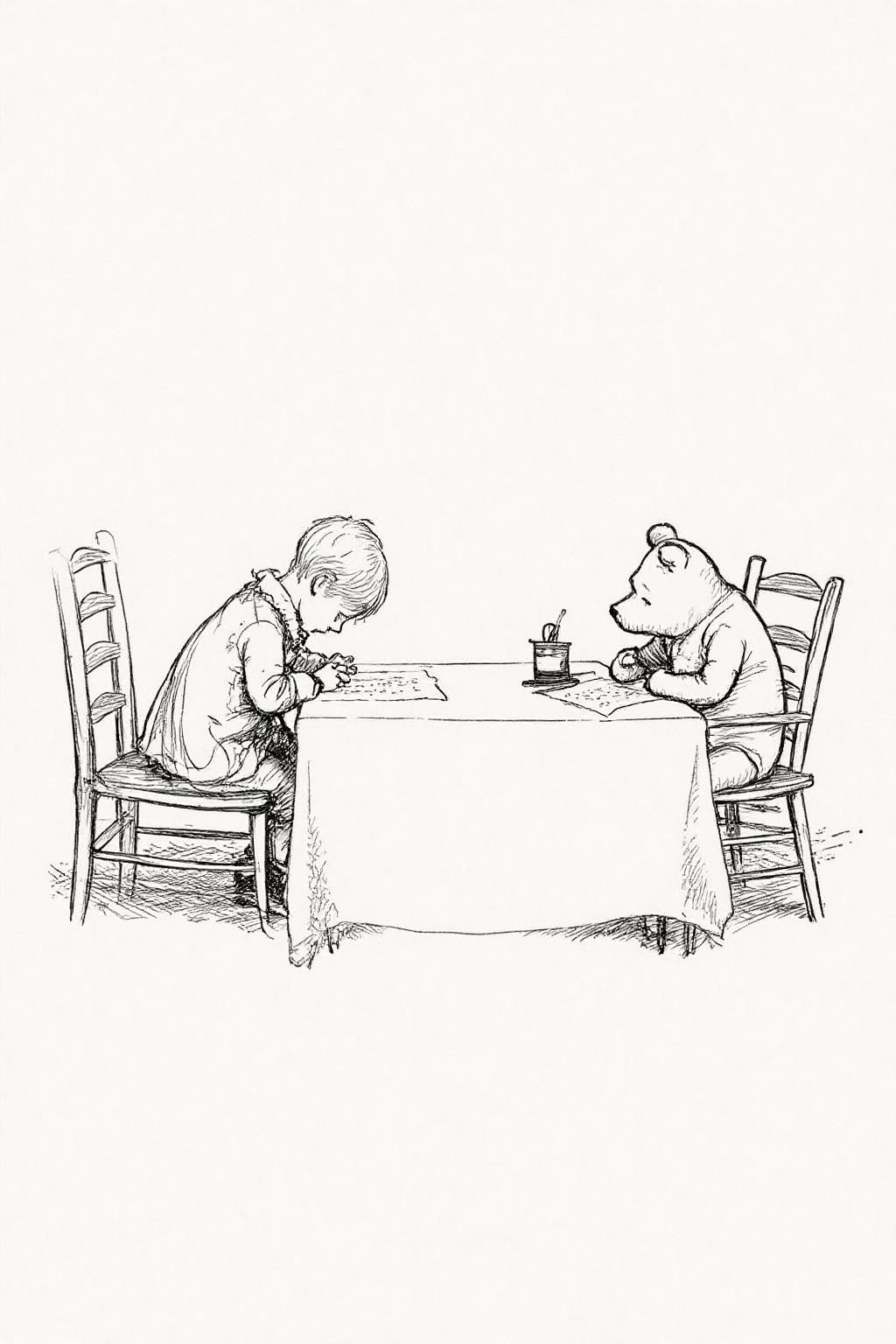 ehshep1 sketch. 
A young boy and Winnie-the-Pooh On the left is a child, seated on a wooden chair, is hunched over a small table, looking at a piece of paper. The child is dressed in a long-sleeved shirt with a high collar, which appears to be a historical or period-appropriate attire. On the right sits Winnie-the-Pooh, writing on a piece of paper. <lora:ehshep2_cap_d6a3e12:1.0><lora:825901080064869736:0>