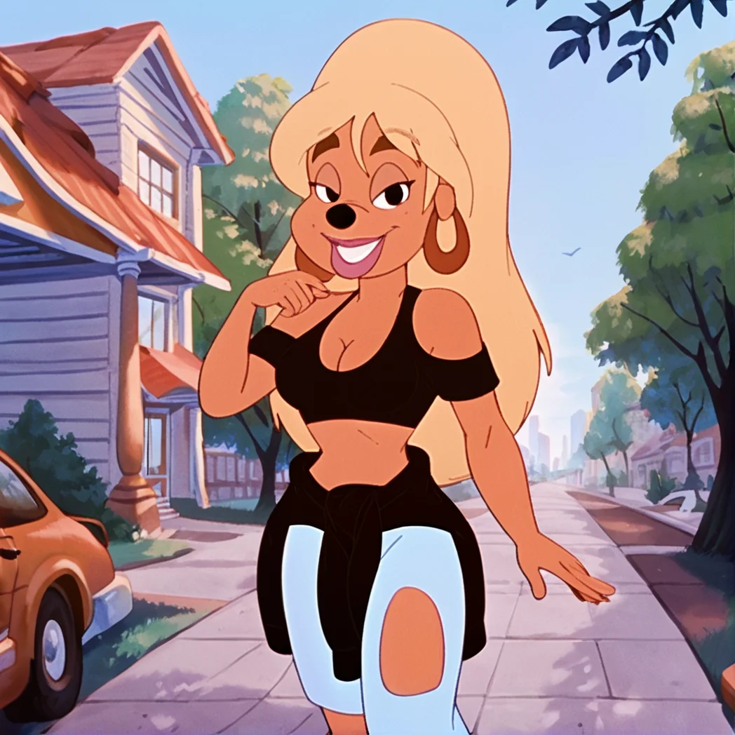 score_9, score_8_up, score_7_up, score_6_up, score_5_up, score_4_up, BREAK, <lora:lisagoofymovie:1>, lisagoofymovie, 1girl, blonde hair, furry female, animal nose, long hair, lips, dog ears, tan skin, crop top, torn jeans, cleavage, outside, city, buildings, cityscape, looking at viewer, clothes around waist, smile, parted lips, dynamic pose,