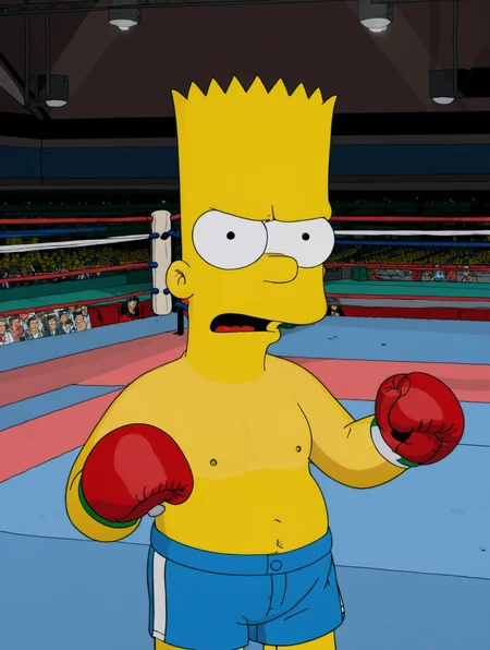 (best quality, high quality:1.2),
1boy,solo,bart simpson,
boxer,boxing gloves,boxing shorts,topless,(angry:1.2),narrowed eyes,stadium,(boxing ring:1.3),
<lora:bart_simpson_sdxl_v1:0.8>,