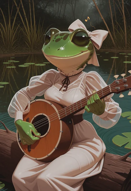 masterpiece, best quality, absurdres, highres, high quality, highly detailed,
1girl, solo, grungrace, anthro frog, spots, green skin, no humans, smile, white hair bow,
breasts,
white dress, fringe trim, puffy sleeves, see-through sleeves,
upper body, face focus, portrait,
banjo, playing instrument, musical note,
outdoors, depth of field, cinematic, sitting on log, lily pad, wetland,
no lineart, pixelsketcher, <lora:incase_new_style_red_ill:0.6>, <lora:bonifasko_ill:0.4>, <lora:grungrace:0.9>