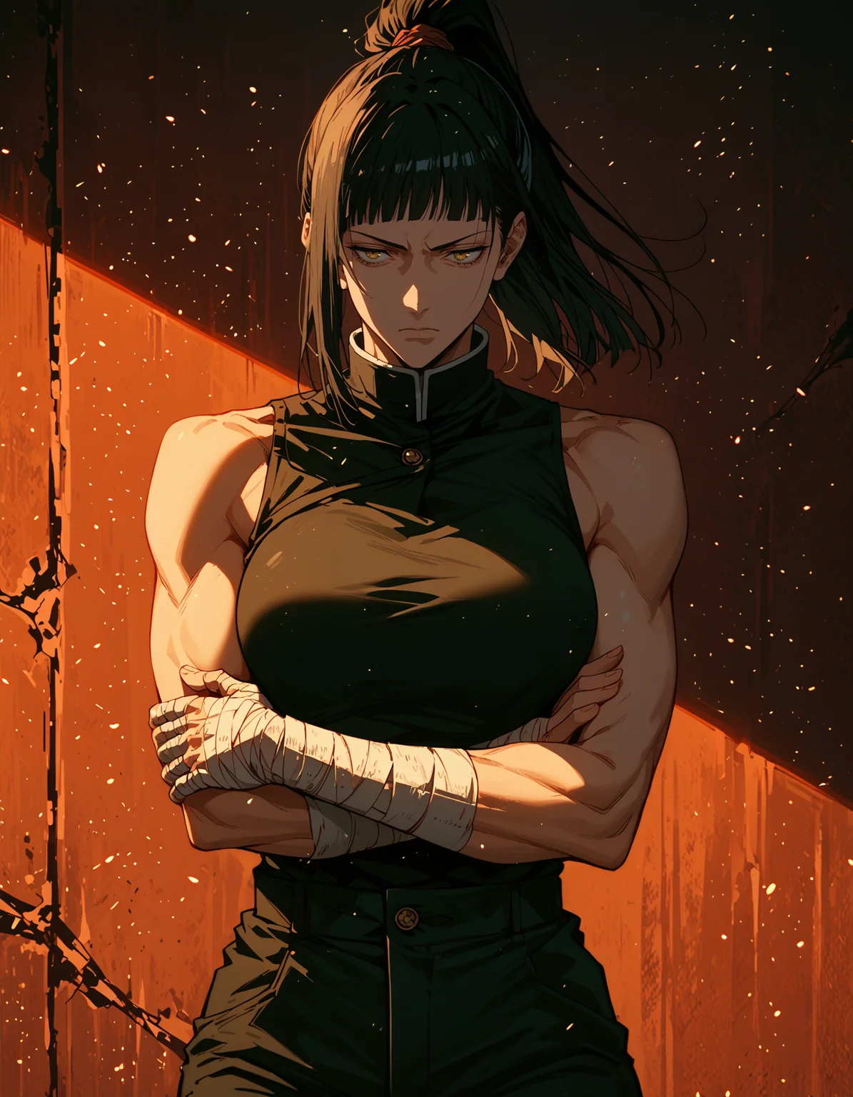 style of jujutsu kaisen,<lora:Expressive_H-000001>,<lora:modern_anime_screencap_v1_0>,source_anime,score_9,score_8_up,score_7_up,score_6_up,looking ahead,
1girl,solo,<lora:age_slider_v4:1.2>,adult,tall female,black hair,long hair,bangs,full bangs,straight hair,high ponytail,yellow eyes,pale skin,skindentation,medium breasts,expressionless,bored,half-closed eyes,(bags under eyes:0.8),sleeveless,black top,black leather pants,high collar,bandaged hand,bandaged arm,metallic luster,lens flare,crossed arms,sheathed,scabbard,