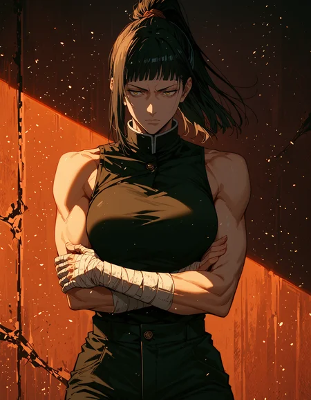 style of jujutsu kaisen,<lora:Expressive_H-000001>,<lora:modern_anime_screencap_v1_0>,source_anime,score_9,score_8_up,score_7_up,score_6_up,looking ahead,
1girl,solo,<lora:age_slider_v4:1.2>,adult,tall female,black hair,long hair,bangs,full bangs,straight hair,high ponytail,yellow eyes,pale skin,skindentation,medium breasts,expressionless,bored,half-closed eyes,(bags under eyes:0.8),sleeveless,black top,black leather pants,high collar,bandaged hand,bandaged arm,metallic luster,lens flare,crossed arms,sheathed,scabbard,