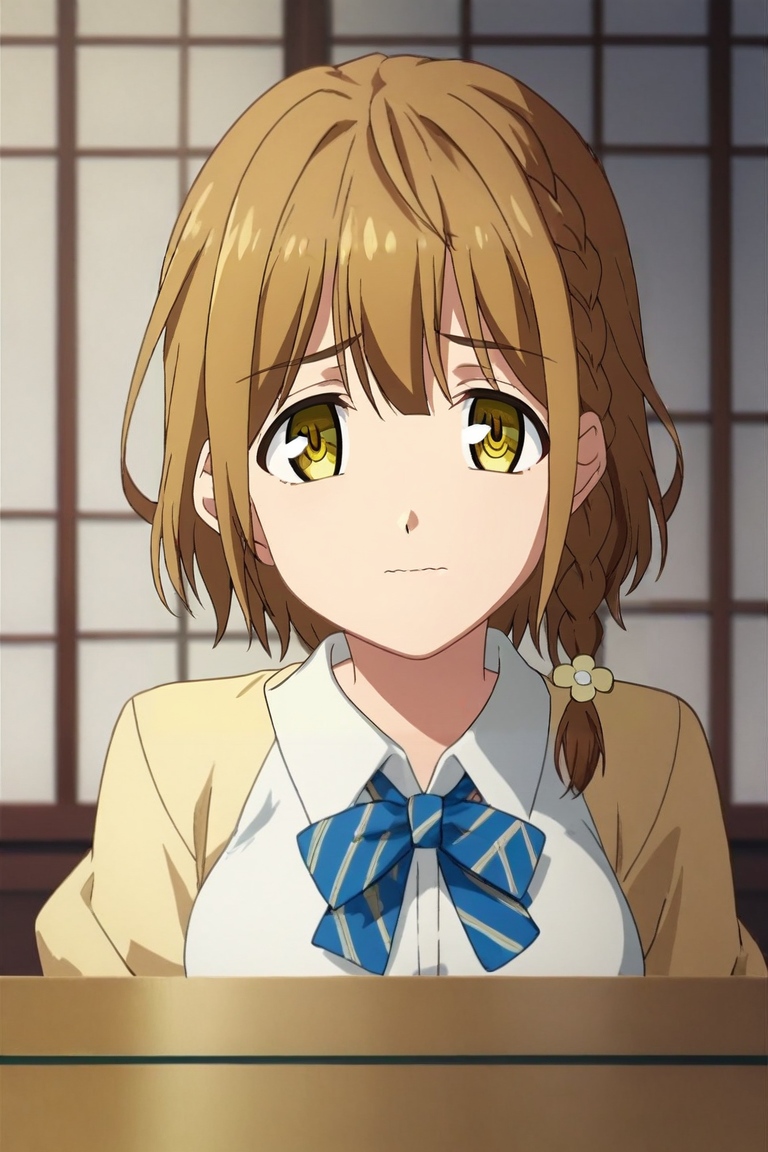 score_9, score_8_up, score_7_up, rating_safe, , looking at viewer, depth of field, 1girl, <lora:yoshino_koiwai_pony:0.70>, yoshino_koiwai, brown hair, yellow eyes, short hair, braid, side braid, single braid, bangs, hair ornament, bow, bowtie, solo, upper body, east asian architecture, indoors, light, breast rest, wavy mouth, <lora:fsn_style_pony:1.08>, fsn_style, , <lora:sdxl_lightning_8step_lora:1>
