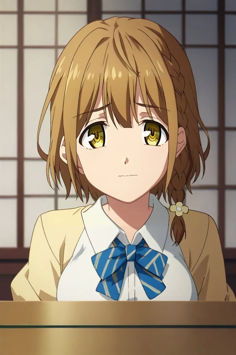 score_9, score_8_up, score_7_up, rating_safe, , looking at viewer, depth of field, 1girl, <lora:yoshino_koiwai_pony:0.70>, yoshino_koiwai, brown hair, yellow eyes, short hair, braid, side braid, single braid, bangs, hair ornament, bow, bowtie, solo, upper body, east asian architecture, indoors, light, breast rest, wavy mouth, <lora:fsn_style_pony:1.08>, fsn_style, , <lora:sdxl_lightning_8step_lora:1>