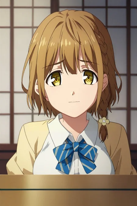score_9, score_8_up, score_7_up, rating_safe, , looking at viewer, depth of field, 1girl, <lora:yoshino_koiwai_pony:0.70>, yoshino_koiwai, brown hair, yellow eyes, short hair, braid, side braid, single braid, bangs, hair ornament, bow, bowtie, solo, upper body, east asian architecture, indoors, light, breast rest, wavy mouth, <lora:fsn_style_pony:1.08>, fsn_style, , <lora:sdxl_lightning_8step_lora:1>