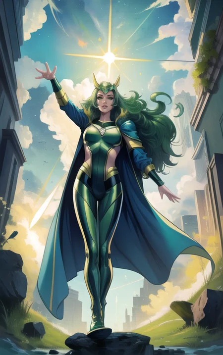 beautiful, (masterpiece:1.2), (best quality:1.2), 1girl, Polaris, jacket, bodysuit, cape, magical pose, helmet, <lora:polaris-10:0.8>, foreshortening, depth