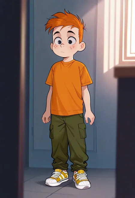 masterpiece, best quality, amazing quality, very aesthetic, absurdres, newest, volumetric lighting,
cinematic, intricately detailed illustration, depth of field, masterpiece, best quality, amazing quality, very aesthetic, absurdres, newest, 1boy, male focus, cute boy, solo, Adam Lyon, Black Eyes, Orange Hair, Freckles, Orange Shirt, Green Pants, Red and Yellow Striped Shoes, 15546+456868