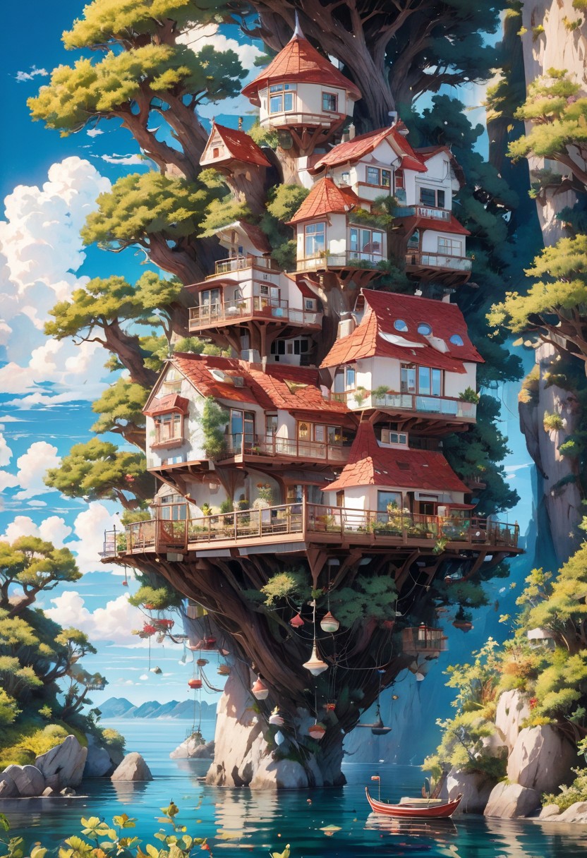 the image showcases a whimsical and intricately designed house that appears to be floating above the water. the house has multiple levels, with a prominent red-tiled roof, multiple windows, and various decorative elements. there are antennas, a satellite dish, and other technological devices attached to the house. the house is surrounded by a deck with seating, plants, and a table. below the house, there's a large rock formation that supports the house. the backdrop is a serene blue sky with fluffy white clouds.