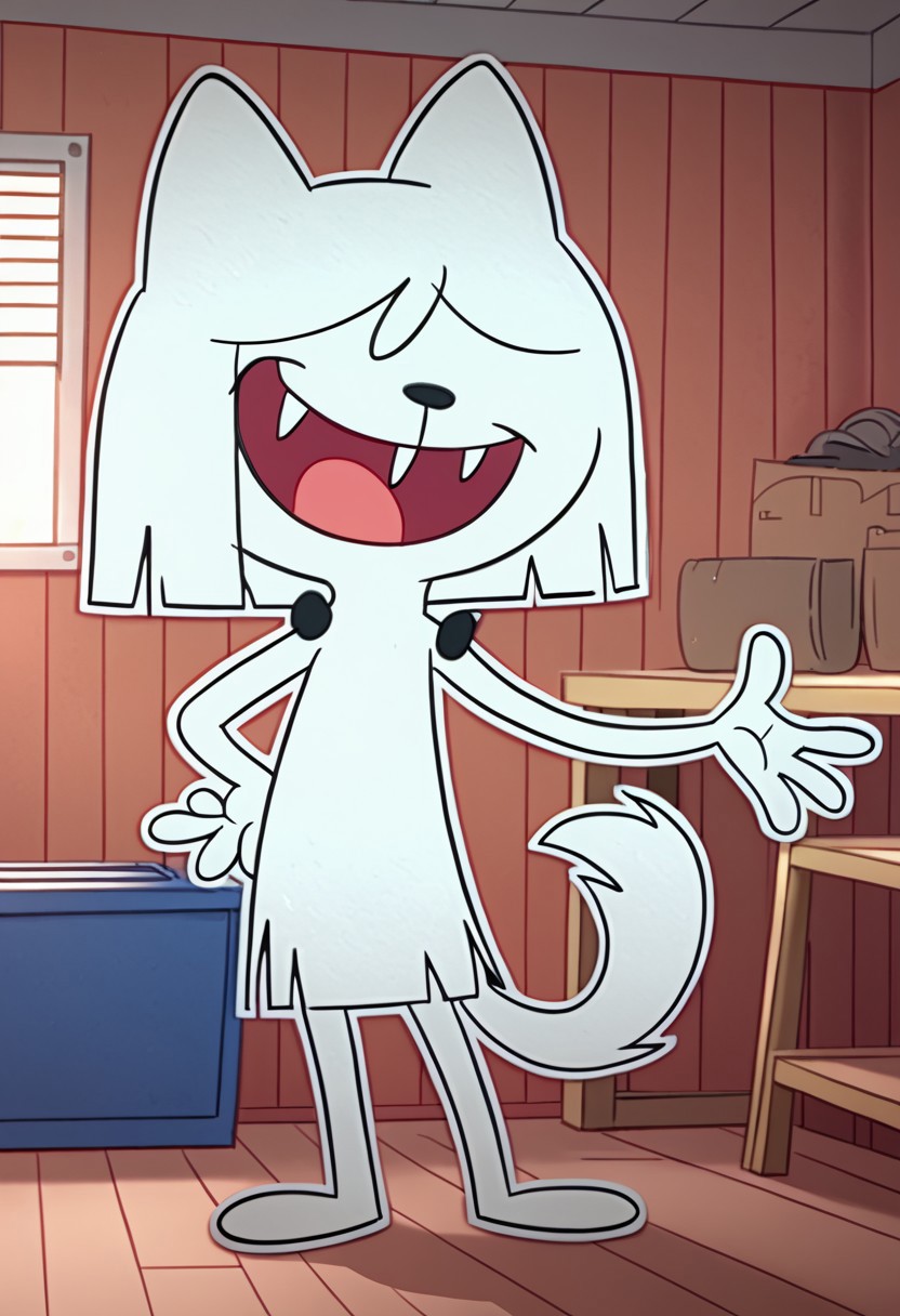 score_9, score_8_up, score_7_up BREAK QatTM, 1girl, anthro cat, white fur, white ears, black nose, hair-covered eyes, unseen eyes, white bobcut, fangs, tail, smiling at viewer, garage indoors, garage background, full body, fangs,