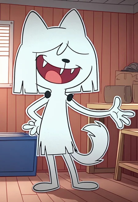 score_9, score_8_up, score_7_up BREAK QatTM, 1girl, anthro cat, white fur, white ears, black nose, hair-covered eyes, unseen eyes, white bobcut, fangs, tail, smiling at viewer, garage indoors, garage background, full body, fangs,