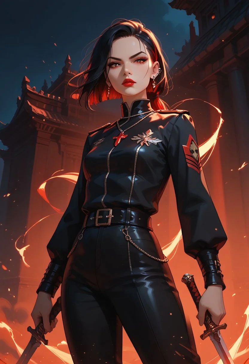 (facing viewer, action pose, looking at viewer), (masterpiece, high score, great score, absurdres, 4k,) score_9, score_8_up, score_7_up, image in anime style, 1 woman, 29 years old, Chinese, small breasts, perfect body, long jet black hair with vivid red streak in hair from left temple, eyes a piercing unnatural red, sultry look, high cheekbones, strong jawline, red lips, crimson military uniform top, leather belt, black leather low cut pants, exposed navel, jade pendant, sheathed short sword, moonlit, night, outdoor scene,