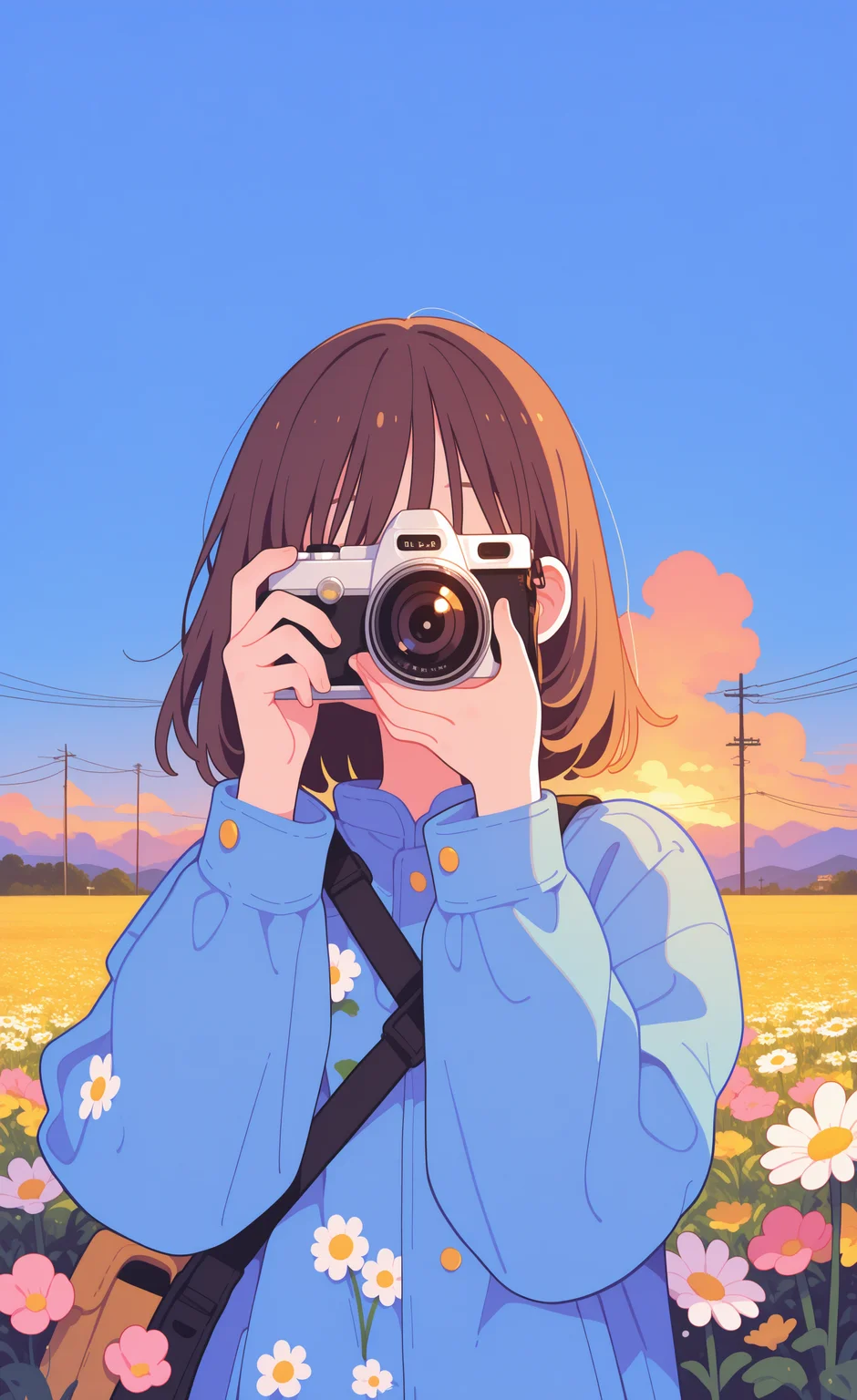 masterpiece,best quality,amazing quality, 1girl, solo, short hair, brown hair, long sleeves, holding, jacket, upper body, flower, outdoors, sky, medium hair, cloud, bag, blue sky, hands up, floral print, blue jacket, white flower, cloudy sky, facing viewer, pink flower, sunset, yellow flower, shoulder bag, camera, field, strap, power lines, flower field, covering face, utility pole, holding camera, daisy,
straight on,Wide Shot,
, haiz_ai, Flatline, Flat vector illustration, <lora:ponyv6_noobE11_2_adamW-000017:0.3> <lora:MeMaXL4:0.8> <lora:checkpoint-e18_s306:1.2> <lora:veluflora-wai:0.35> <lora:haiz_ai_illu:0.7>