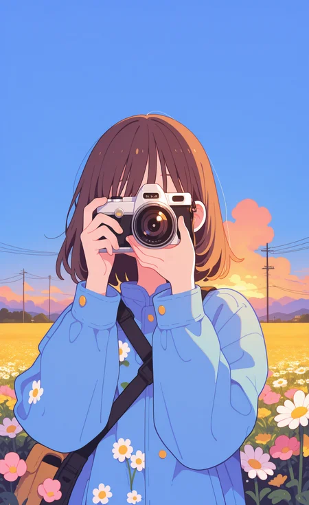 masterpiece,best quality,amazing quality, 1girl, solo, short hair, brown hair, long sleeves, holding, jacket, upper body, flower, outdoors, sky, medium hair, cloud, bag, blue sky, hands up, floral print, blue jacket, white flower, cloudy sky, facing viewer, pink flower, sunset, yellow flower, shoulder bag, camera, field, strap, power lines, flower field, covering face, utility pole, holding camera, daisy,
straight on,Wide Shot,
, haiz_ai, Flatline, Flat vector illustration, <lora:ponyv6_noobE11_2_adamW-000017:0.3> <lora:MeMaXL4:0.8> <lora:checkpoint-e18_s306:1.2> <lora:veluflora-wai:0.35> <lora:haiz_ai_illu:0.7>