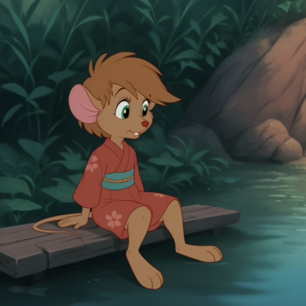 score_9, score_8_up, score_7_up, score_6_up, score_5_up, score_4_up, source_furry, abigailouafv2, semi-anthro, female, mouse, brown fur, green eyes, brown hair, short hair, kimono, sitting, outside
