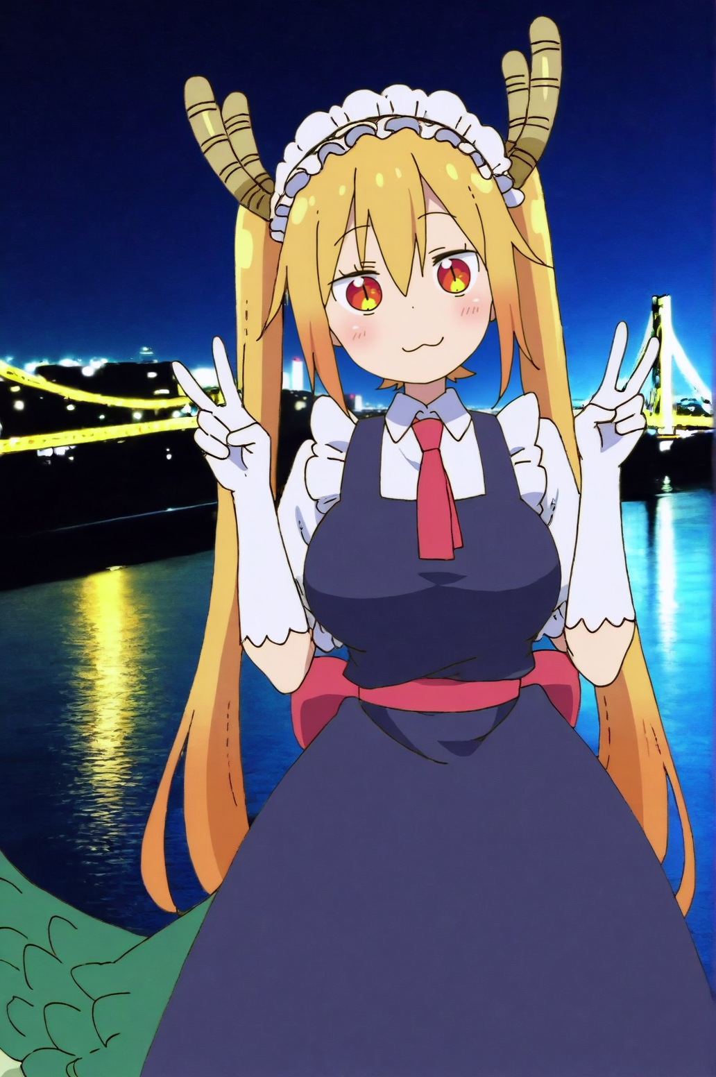 newest, masterpiece, best quality, simple background, blurry background, very aesthetic, mixed media, photo background, very awa, perfect composition BREAK outdoors, bridge, river, city lights, night, cityscape, BREAK  solo, zenless zone zero, tohru, main outfit, full_body, standing, parka, long hair, blue hair, :3, double v, head tilt  <lora:JN_Tohru_Illus:0.8>