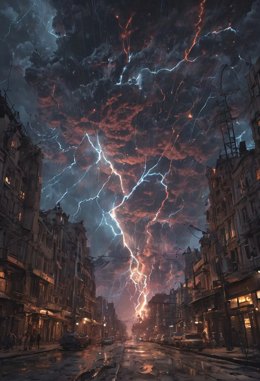 x-ray laser beam falling from the sky and destroying a city, hammer of dawn, satellite cannon to fight cosmic horrors and dysphoric locust organic life, project excalibur, pillars of creation, meteorite mega flare, nuclear reaction between rainfall and sunlight, a thermonuclear combination of fission and fusion reactions, atmospheric pollution caused by electro geo magnetic storms spectrums, oppenheimer quantum physics, evangelion vfx, studio ghibli and makoto shinkai <lora:EpicF4nta5yXL:0.8>