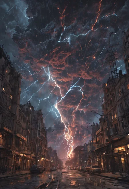x-ray laser beam falling from the sky and destroying a city, hammer of dawn, satellite cannon to fight cosmic horrors and dysphoric locust organic life, project excalibur, pillars of creation, meteorite mega flare, nuclear reaction between rainfall and sunlight, a thermonuclear combination of fission and fusion reactions, atmospheric pollution caused by electro geo magnetic storms spectrums, oppenheimer quantum physics, evangelion vfx, studio ghibli and makoto shinkai <lora:EpicF4nta5yXL:0.8>