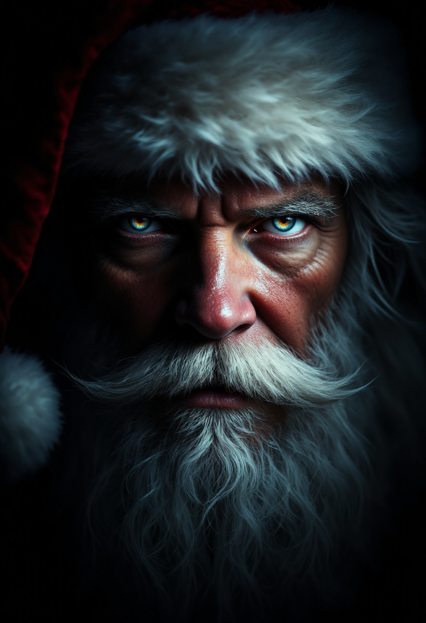 Santa Claus in a dramatic, chiaroscuro-style close-up portrait, his kind eyes shining from the lit half of his face, while deep shadows obscure the other side. His crimson hatâs fur trim is faintly visible against the darkness.