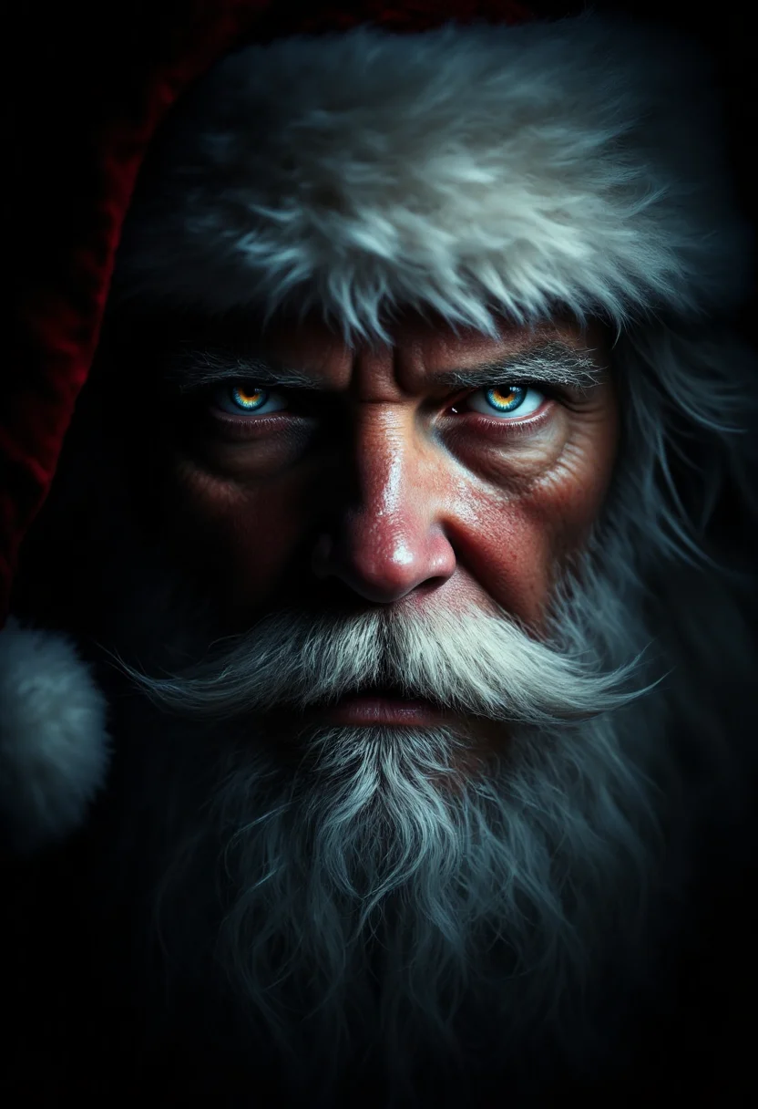Santa Claus in a dramatic, chiaroscuro-style close-up portrait, his kind eyes shining from the lit half of his face, while deep shadows obscure the other side. His crimson hatâs fur trim is faintly visible against the darkness.