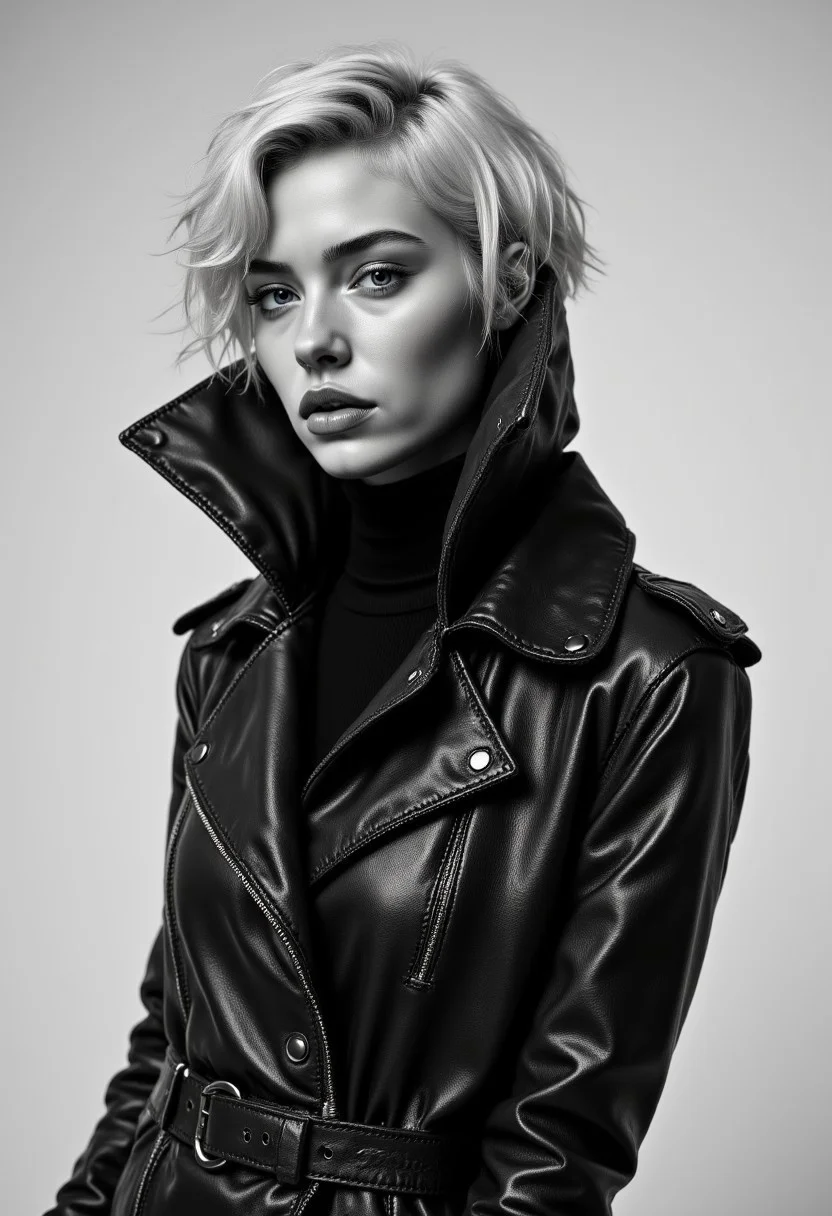 Create a stunning black-and-white editorial portrait of the side profile of a 22 yo French female supermodel with B cup breasts standing in a dynamic pose confidently against a minimalist studio backdrop. Her posture is bold and assertive, with her shoulders slightly back and her chin lifted high. Her shoulders are perpendicular Her head is angled slightly to the right, offering a three-quarter view that accentuates her strong jawline and high cheekbones, exuding an air of rebellious elegance and composure. Her elbows pulled back behind her and her forearms horizontal to the floor.
She looks directly at the camera. Her shoulders are directly perpendicular to the camera.
She wears a textured black leather jacket with her long hair tucked neatly inside an oversized collar dramatically turned up with a black turtle neck sweater underneath. The jacket is fitted to highlight her slim figure, with detailed metallic zippers and a structured belt. Her platinum blonde pixie cut hair.
The lighting is precise and directional, sculpting her features and highlighting the reflective texture of the leather. The angle of her head and the turned-up collar create a dynamic composition.
cinematic film style, highly detailed, ultra-high resolution, 32K UHD, sharp focus, (photorealistic:1.5)