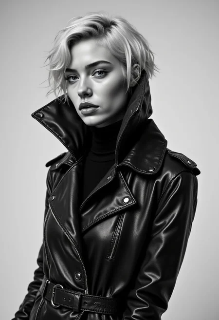 Create a stunning black-and-white editorial portrait of the side profile of a 22 yo French female supermodel with B cup breasts standing in a dynamic pose confidently against a minimalist studio backdrop. Her posture is bold and assertive, with her shoulders slightly back and her chin lifted high. Her shoulders are perpendicular Her head is angled slightly to the right, offering a three-quarter view that accentuates her strong jawline and high cheekbones, exuding an air of rebellious elegance and composure. Her elbows pulled back behind her and her forearms horizontal to the floor.
She looks directly at the camera. Her shoulders are directly perpendicular to the camera.
She wears a textured black leather jacket with her long hair tucked neatly inside an oversized collar dramatically turned up with a black turtle neck sweater underneath. The jacket is fitted to highlight her slim figure, with detailed metallic zippers and a structured belt. Her platinum blonde pixie cut hair.
The lighting is precise and directional, sculpting her features and highlighting the reflective texture of the leather. The angle of her head and the turned-up collar create a dynamic composition.
cinematic film style, highly detailed, ultra-high resolution, 32K UHD, sharp focus, (photorealistic:1.5)